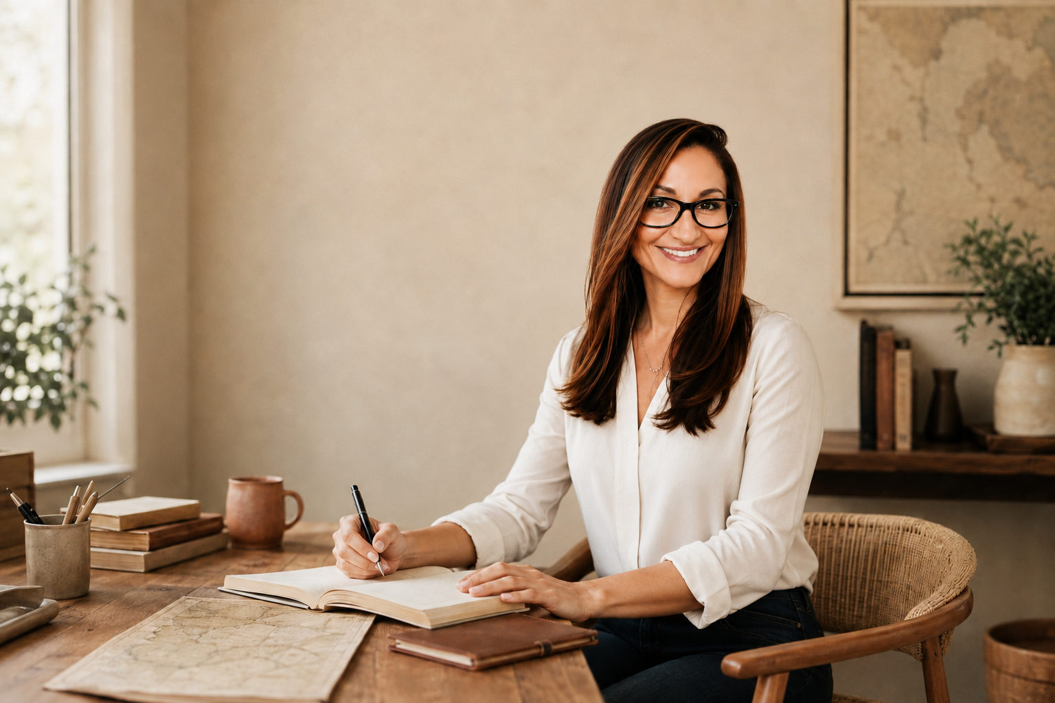 Zona Lord writing in an open notebook at a wooden desk, a map unfolded beside her and a framed map on the wall behind.